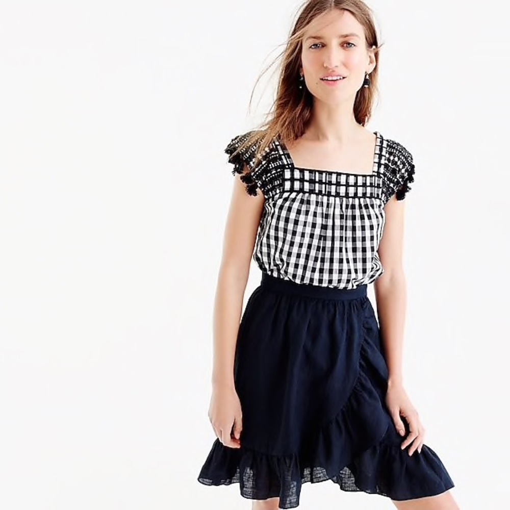NWT J. Crew Black White Gingham Tassel Top 10